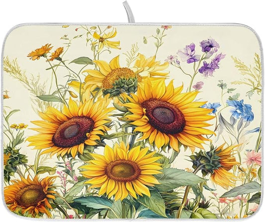 Blooming Sunflowers Dish Drying Mat for Kitchen Counter Absorbent Microfiber Large Drying Pad Dish Mats for Kitchen Countertops 18 x 24 Inch