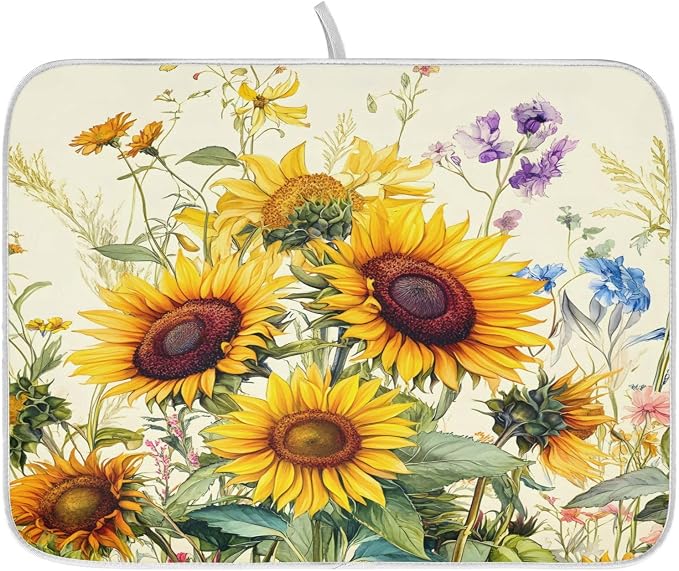 Blooming Sunflowers Dish Drying Mat for Kitchen Counter Absorbent Microfiber Small Drying Pad Dish Mats for Kitchen Countertops 16 x 18 Inch