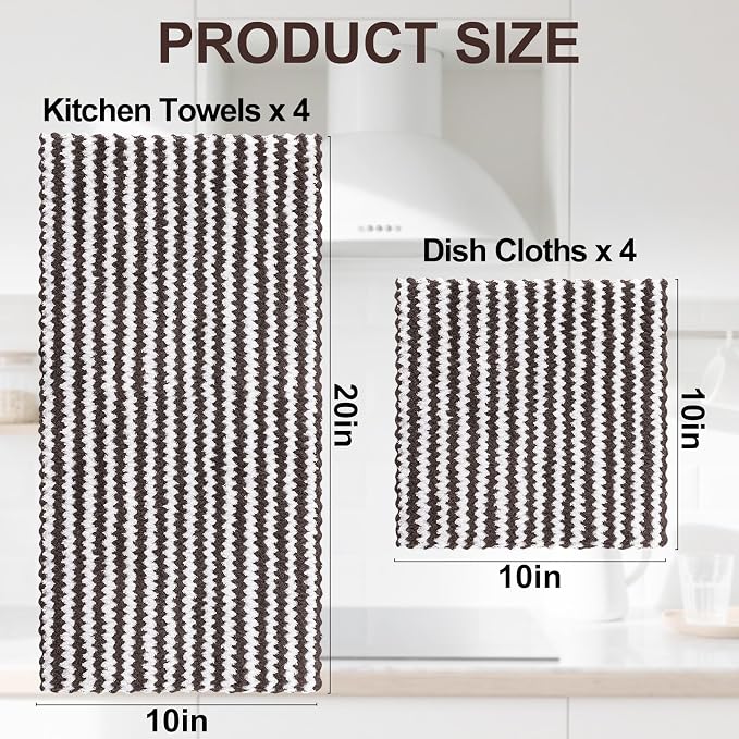 Homaxy 8 Pack Kitchen Towels and Dishcloths Set, 10 x 10 and 10 x 20 Inches, Ultra Soft and Absorbent Coral Velvet Dish Towels, no-lint Reusable Fast Drying Microfiber Cleaning Cloth, Brown