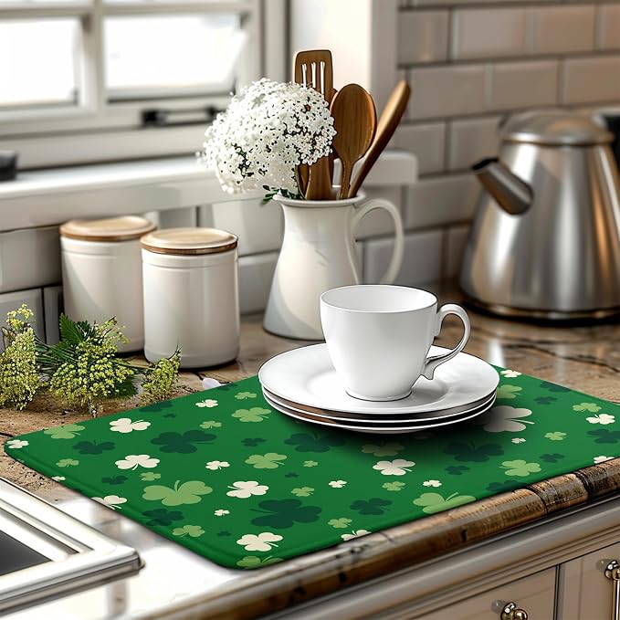 Green Shamrock St. Patrick's Day Dish Drying Mat for Kitchen Counter Lucky Clover large Dish Drying Pad Absorbent Reversible Microfiber Draining Pad Washable Drying Mats 18x24 Inch