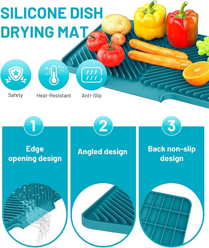 Dish Drying Mat Kitchen Counter - Silicone Dish Drying Pad with Built-in Drain for Sink, Refrigerator and Drawer liner, Easy Clean, Non-Slip, Heat Resistant, 14.8" x 10.7"