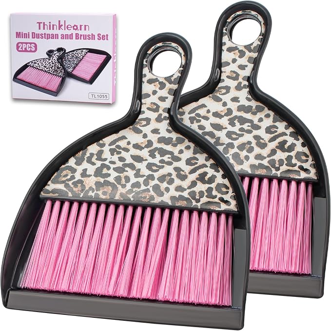THINKLEARN 2PCS Small Dust Pan and Brush Set, Mini Broom Dustpan Kit | Portable Brush Dustpan Combo Set, Pink Leopard Print Design, Compact Cleaning Supplies