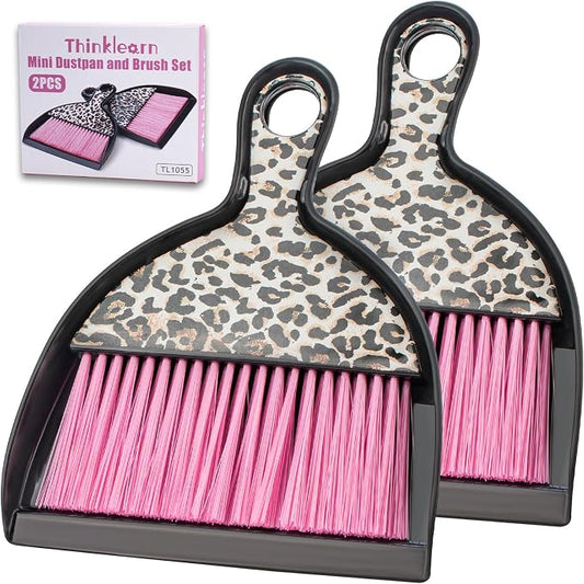 THINKLEARN 2PCS Small Dust Pan and Brush Set, Mini Broom Dustpan Kit | Portable Brush Dustpan Combo Set, Pink Leopard Print Design, Compact Cleaning Supplies