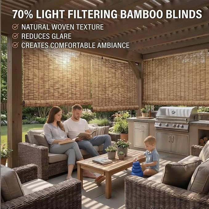 Bamboo Blinds Outdoor, Breathable Bamboo Roller Shades for Outside Patio, 36" 48" 60" 64" 72" 78" Width Privacy Sun Shade, Cordless Bamboo Roll Up Shades for Porch Backyard(30" W x 48" H)