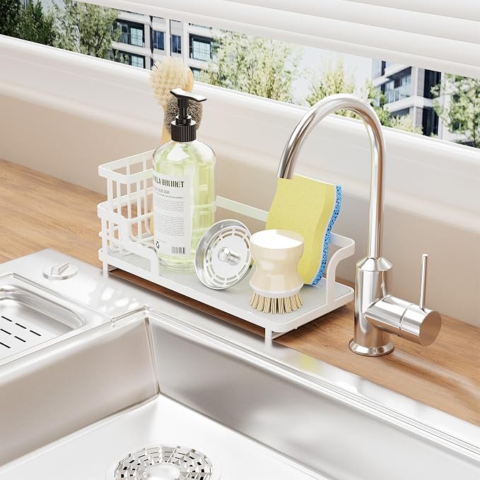 Consumest Sponge Holder for Kitchen Sink - Sink Caddy Organizer with Water Absorbing Stone Tray, Detachable Brush Holder, Stainless Steel Kitchen Counter Organizer Rack, White