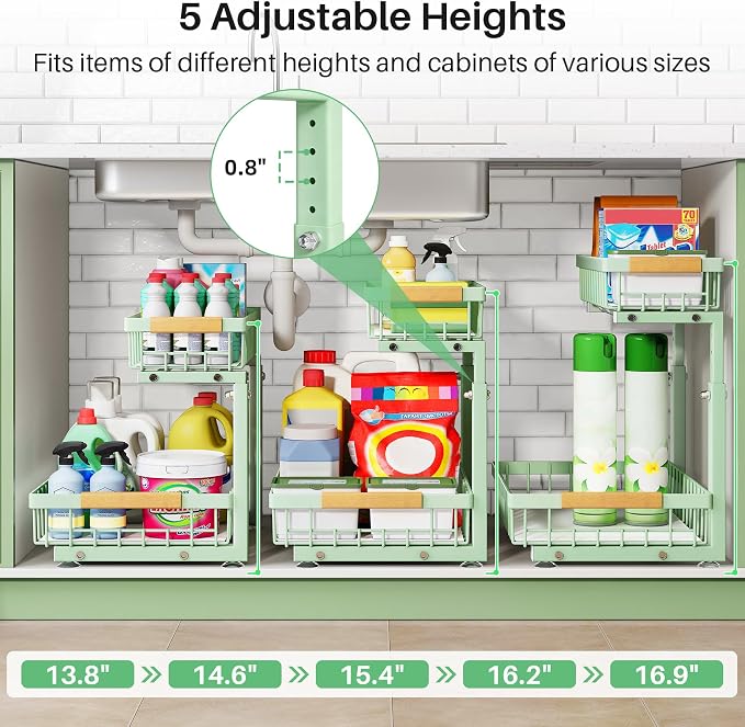 Kitstorack Under Sink Organizer, 2 Tier Under the Sink Storage, Slide out Pull out Cabinet Organizer Shelf, Metal Sliding Drawer for Kitchen Bathroom Pantry Closet Organization Rack, Green, 1 Pack