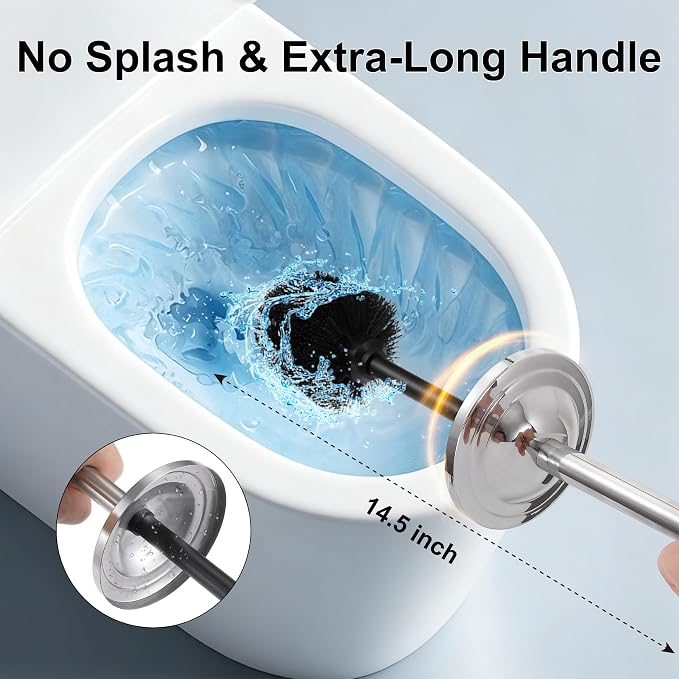Stainless Steel Toilet Brush and Holder Set,Extra Long Handled Toilet Brush for Bathroom,Heavy Duty Toilet Bowl Brush,Modern Toilet Cleaner Brush, Splash Protection,Deep Cleaning (Chrome)
