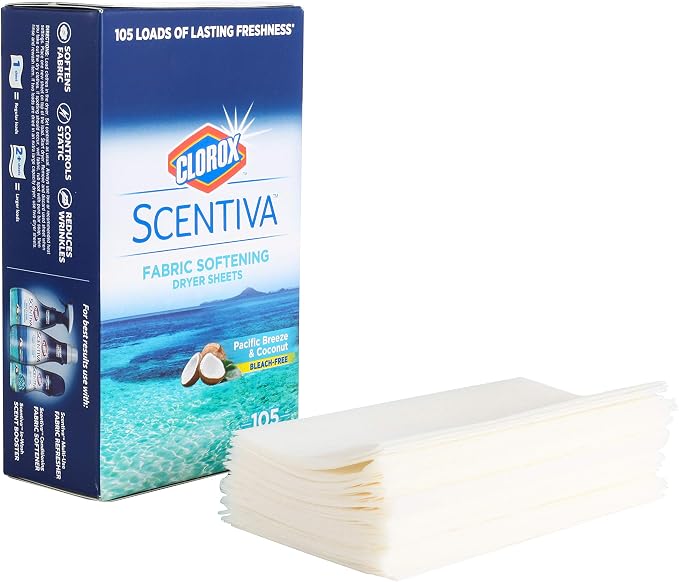 Clorox Scentiva Fabric Softener Dryer Sheets, Pacific Breeze & Coconut Scent - Wrinkle Reducing Scented Softening Laundry Dryer Sheets for Great Smelling Clothes, 105 Count