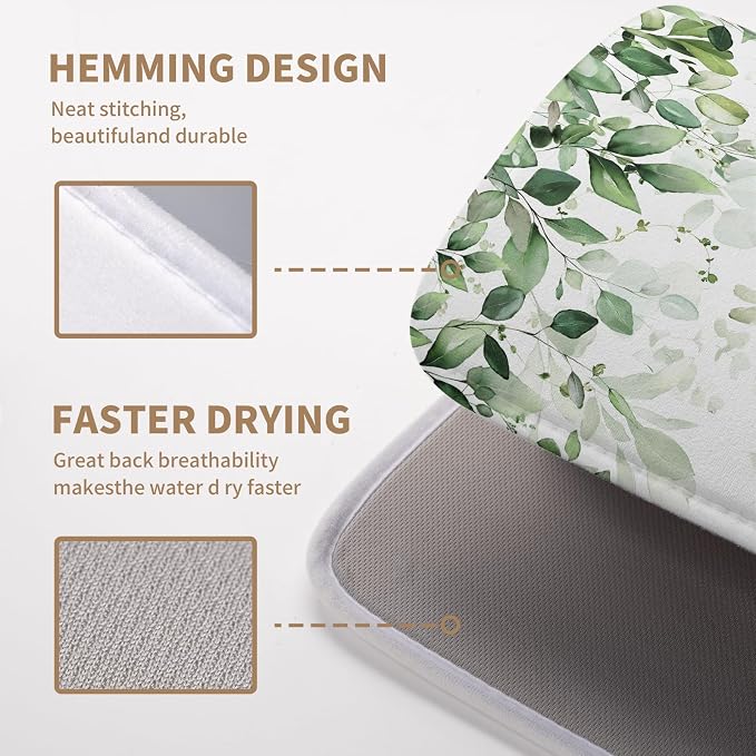 Sage Green Dish Drying Mat for Kitchen Counter Eucalyptus Leaves Plant Dishes Drying Mats Absorbent Microfiber Dish Drainer Mat Spring Summer Dish Drying Pad Medium Kitchen Accessories 16"x18"