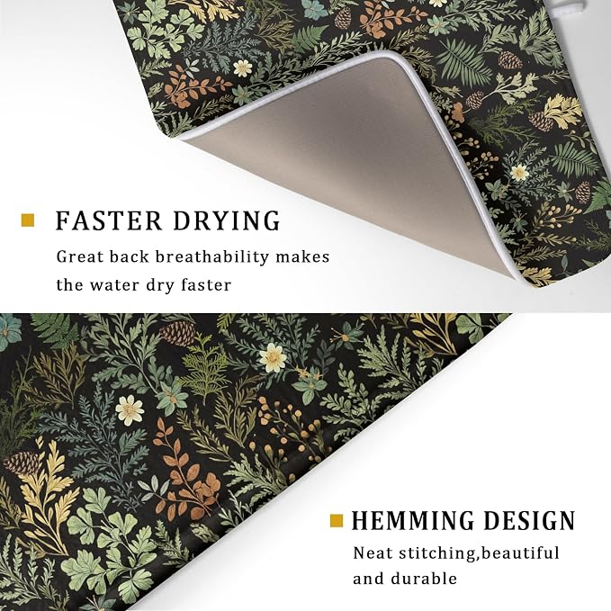 Black Green Botanical Dish Drying Mat for Kitchen Counter 18x24 Inch Super Absorbent Microfiber Kitchen Drying Mat Green Plant Fern Leaves Floral Dish Reusable Washable Dish Drying Pad for Coffee Bar