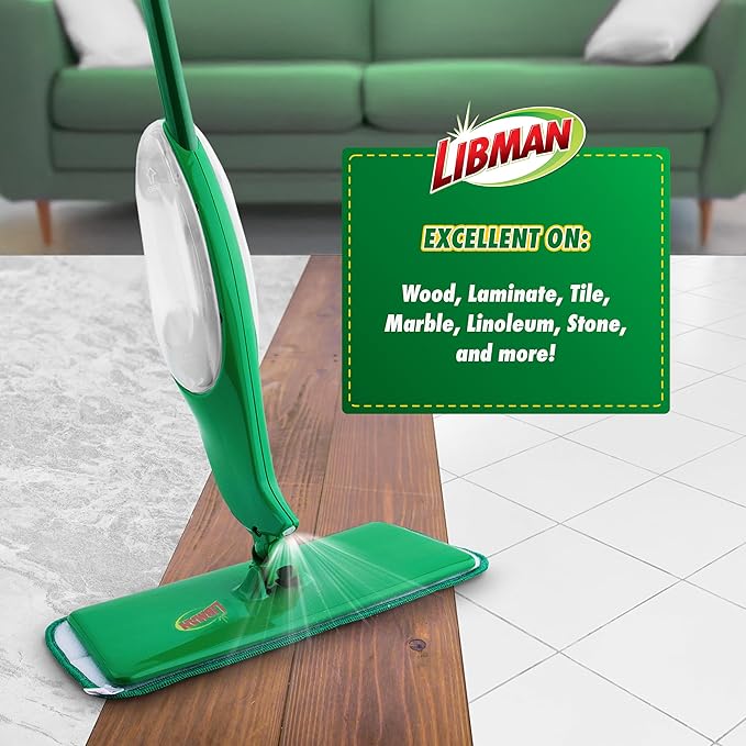 Libman Freedom Spray Mop Kit, Microfiber Wet Mops for Floor Cleaning, Hardwood, Laminate, Tile Cleaner, Household Tool, 24 Oz Solution Tank, Two Extra Replacement Refill Heads Included