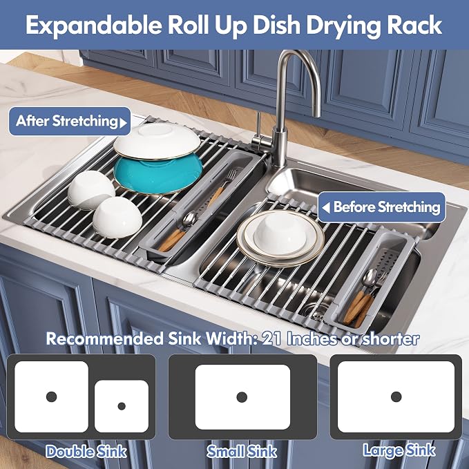 JASIWAY Roll Up Dish Drying Rack, Expandable (12.8"-23.8" D x 15.5" W) Stainless Steel Portable Drainer for Kitchen Sink Counter, Foldable Over The Sink Cover with Removable Utensil Holder, Gray