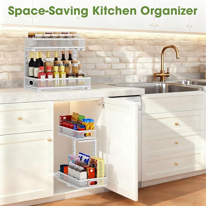 Under Sink Organizer 4-Pack, Metal 2-Tier Pull-Out Cabinet Shelf with Slide-Out Mesh Drawers, Height Adjustable, Space-Saving Storage Racks for Kitchen, Bathroom, Laundry Room, White