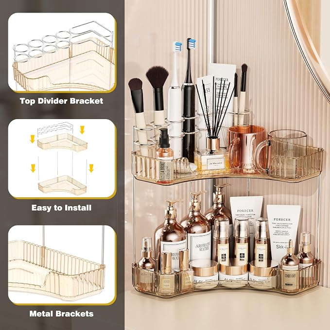 Asayuee 2-Tier Corner Bathroom Counter Organizer with Top Toothbrush Holders,Large Makeup Organizer Countertop with Brush Holder,Skincare Organizers Corner,Exquisite Vanity Organizer (Gold, 2 Tier)