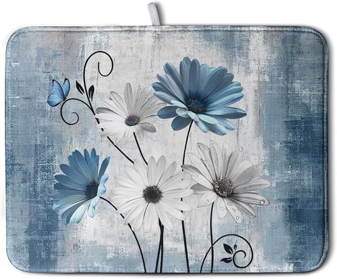 Dish Drying Mat for Kitchen Counter 18x24 Inch Blue Grey Daisy Drying Pads Rustic Vintage Floral Dish Dry Mat Microfiber Absorbent Farmhouse Dish Drainer Mat Flowers Dish Drainer Rack Mat