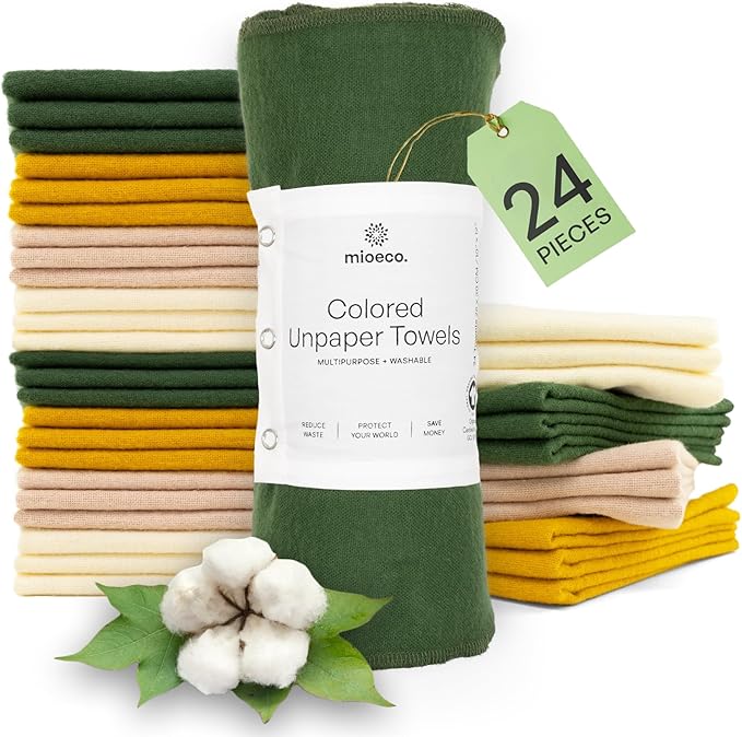 mioeco 24 Pack Multicolored Reusable unPaper Towels - Nature Friendly - Organic Cotton Alternative - Thick, Strong, Paperless Kitchen Dish Cloths - Reusable Napkins - Dish Towels - Cloth Napkin
