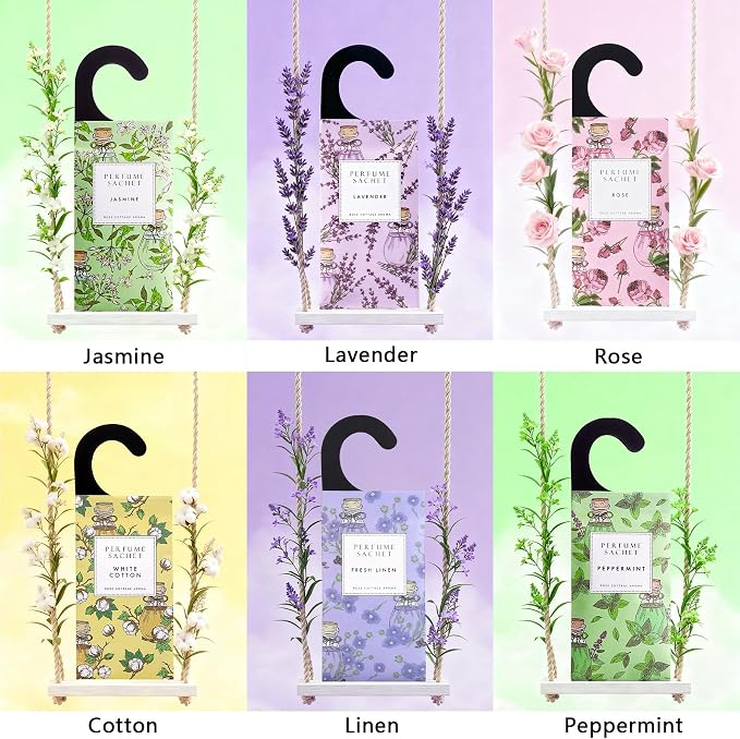 Large 12 Packs Hanging Scented Sachets Long-Lasting Closet Deodorizer Air Freshener Fabric Refresher Odor Eliminator for Drawer Home Fragrance Gift Set?6 Scents?
