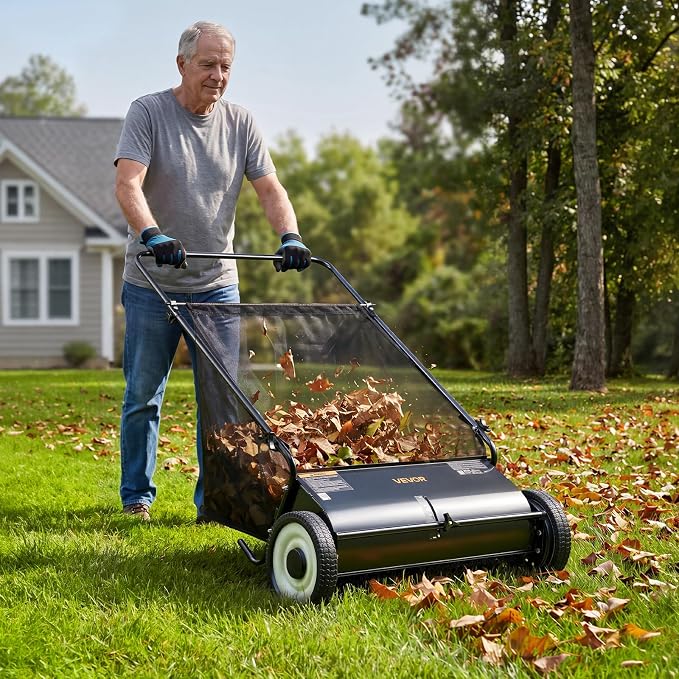 VEVOR Push Lawn Sweeper 26 Inch Leaf & Grass Collector Strong Rubber Wheels | Heavy Duty Thickened Steel Durable to Use with Large Capacity 7 ft³ Mesh Collection Bag, 4 Spinning Brushes