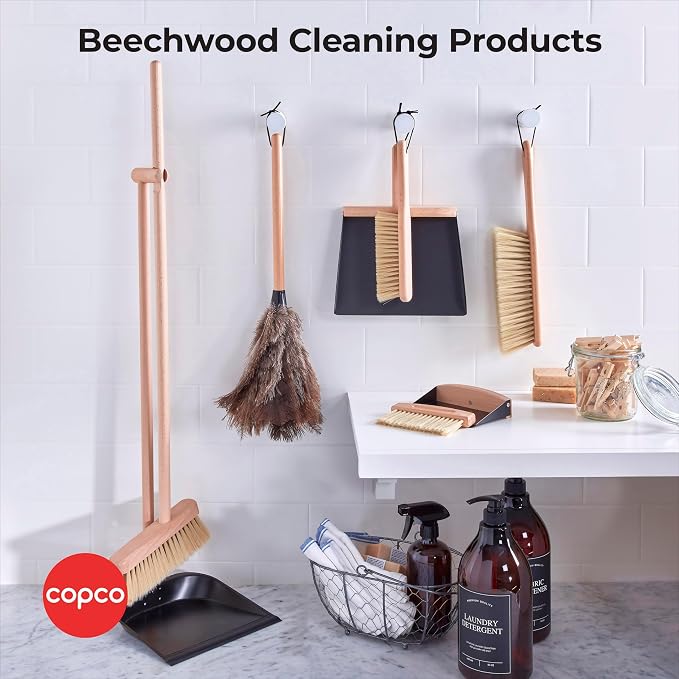Copco Hand Brush and Dustpan Set - Wooden Beechwood Handle Broom and Dust Pan with Soft Bristles, Leather Loop Hanging Storage, Iron Dustpan, Kitchen and Home Cleaning Essentials