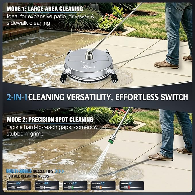 RAYNEL 18" Pressure Washer Surface Cleaner, Power Washer Accessory | Stainless Steel Housing, 4 Wheels, 1/4" Quick Plug, 2 Extension Wands, 2 Replacement Nozzles, 5 Spray Nozzles, Max 4000 PSI