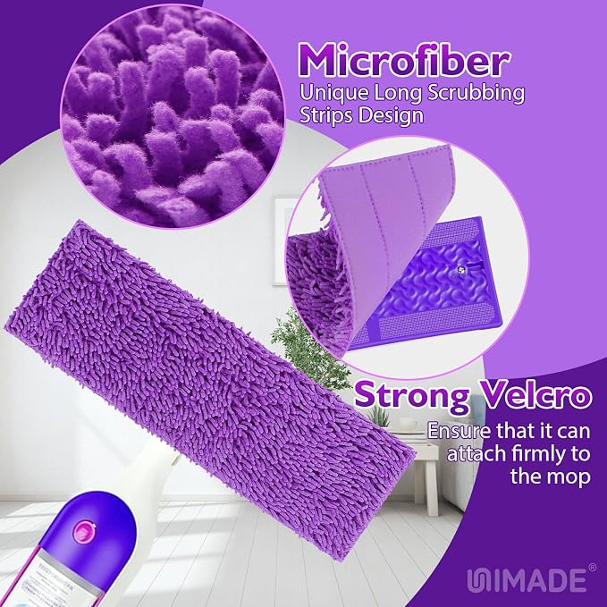UNIMADE Reusable Mop Pads for Swiffer PowerMop, 8 Pack Microfiber Refill | Mop Pad with Scrubber Strips for 13''-15'' SprayMop, Washable Mop Pads Use for Most Floor Types, Designed for Pets - Purple