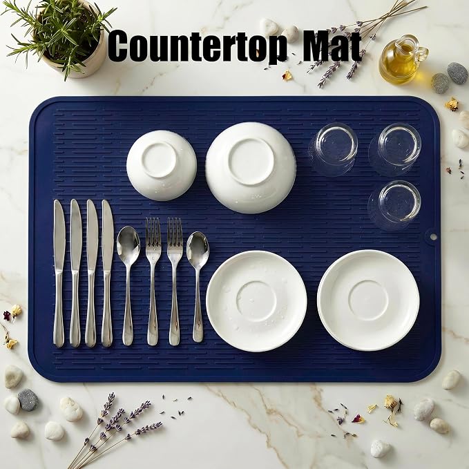 MicoYang Silicone Dish Drying Mat for Multiple Usage,Easy clean,Eco-friendly,Heat-resistant Silicone Mat for Kitchen Counter or Sink,Refrigerator or Drawer Liner Navy Blue 4XL 32 inches x 18 inches