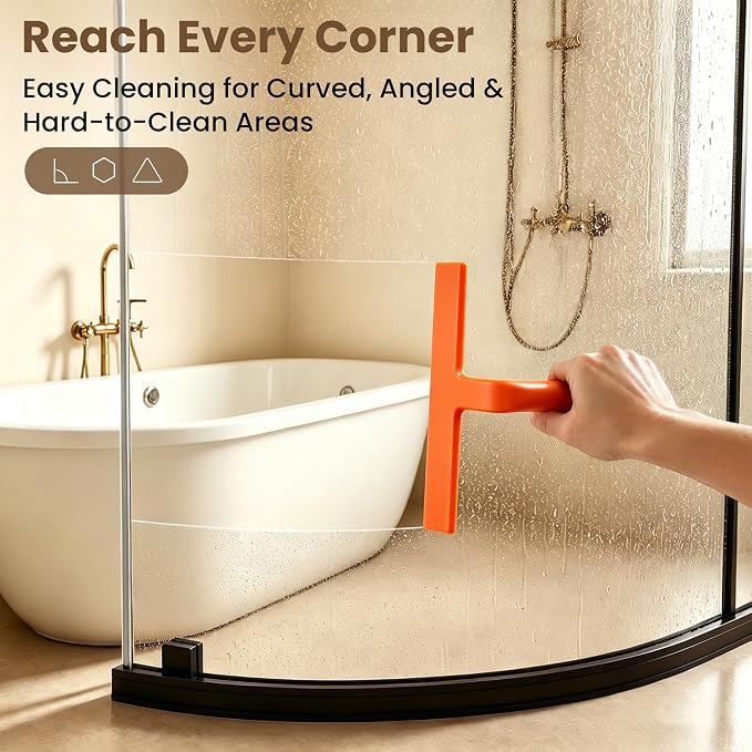 10 Inch Silicone Shower Squeegee for Glass Doors, Streak-Free, Orange | No-Squeak Silicone Blade, Ergonomic Round Grip and Built-In Hook for Quick Daily Cleaning of Shower Glass, Tile and Windows