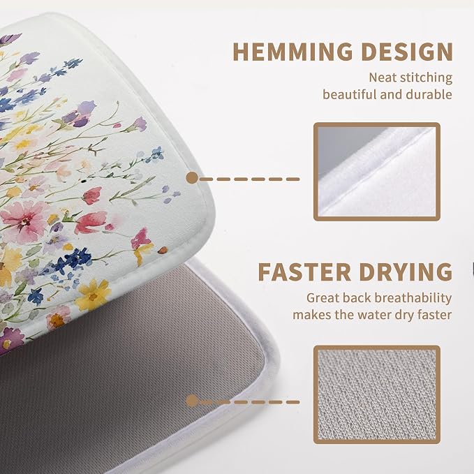 Spring Floral Dish Drying Mat for Kitchen Counter Summer Colorful Flower Kitchen Dishes Dryer Pad Absorbent Matt Microfiber Washable Foldable Reusable Large 18x24 in