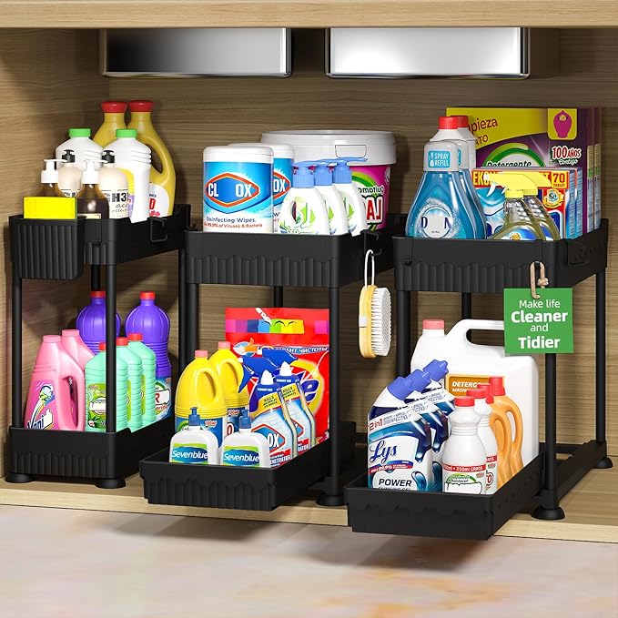 Sevenblue 3-Pack 2-Tier Under Sink Organizers with Sliding Drawers | Multi-use kitchen & bathroom storage, 12.8 inch black cabinet organizer, space-saving sliding drawer design.