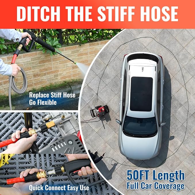 YAMATIC Upgraded Flexible Pressure Washer Hose 50FT 1/4", 3200 PSI Non-Kink Replacement with M22-14mm & 3/8" Quick Connect Adapters, Extension for Gas Power Washer Troy-Bilt Ryobi Honda Craftsman