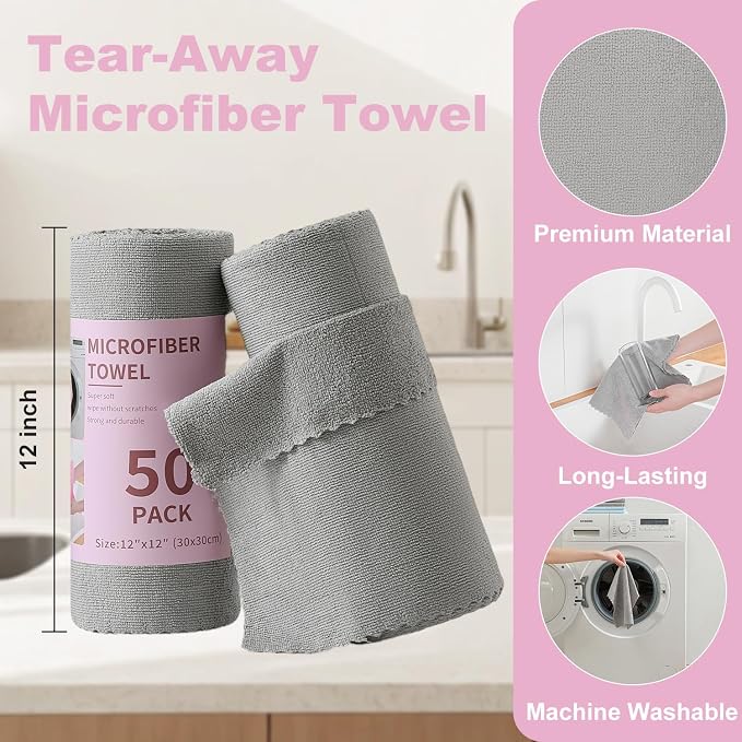 Jessy Home 2 Roll Reusable Paper Towels,100 Sheets Tear Away Microfiber Cleaning Cloth, Lint Free Cleaning Rags for Kitchen, Dishcloth,Household Cleaning Supplies