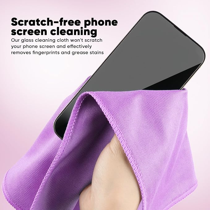 HOMEXCEL Microfiber Glass Cleaning Cloth 12 PK, Lint Free Streak Free, Reusable Magic Cleaning Cloth for Cleaning Windows, Glasses, Mirrors, Screens, Stainless Steel, and More Purple-12”×12”