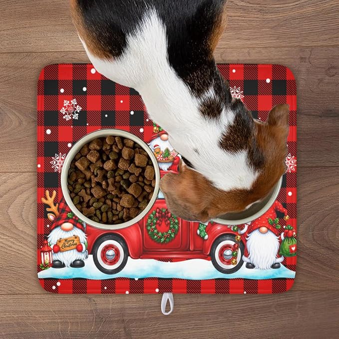 Christmas Dish Drying Mat for Kitchen Counter Xmas Gnome Truck Red Black Buffalo Plaid Dish Drainer Mat Rustic Farmhouse Holiday Absorbent Washable Drying Pad 16"x18"