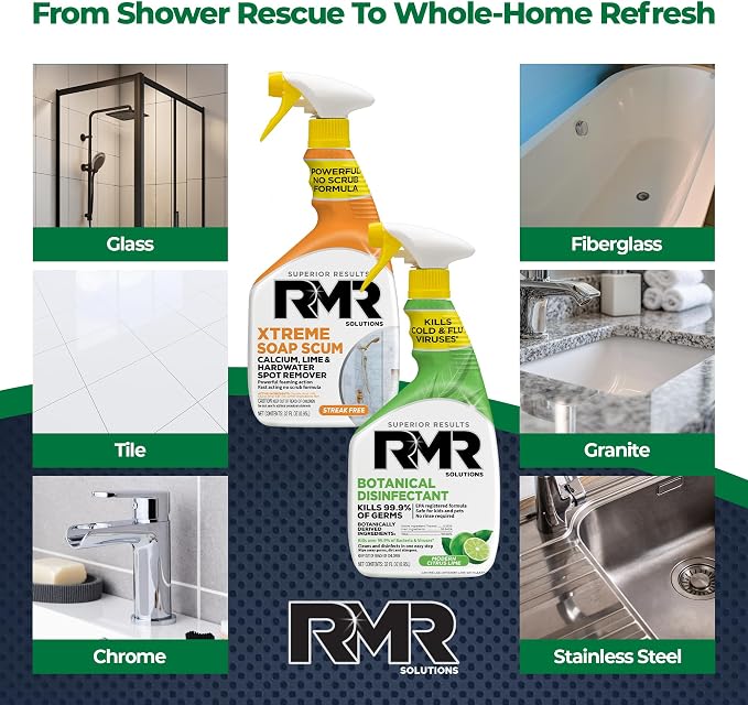 RMR Fresh Start System – Xtreme Soap Scum Remover + EPA-Registered Botanical Disinfectant Cleaner, Bathroom Cleaning & Disinfecting Bundle for Shower, Tub, Tile & Surfaces, 2–32 Oz Bottles