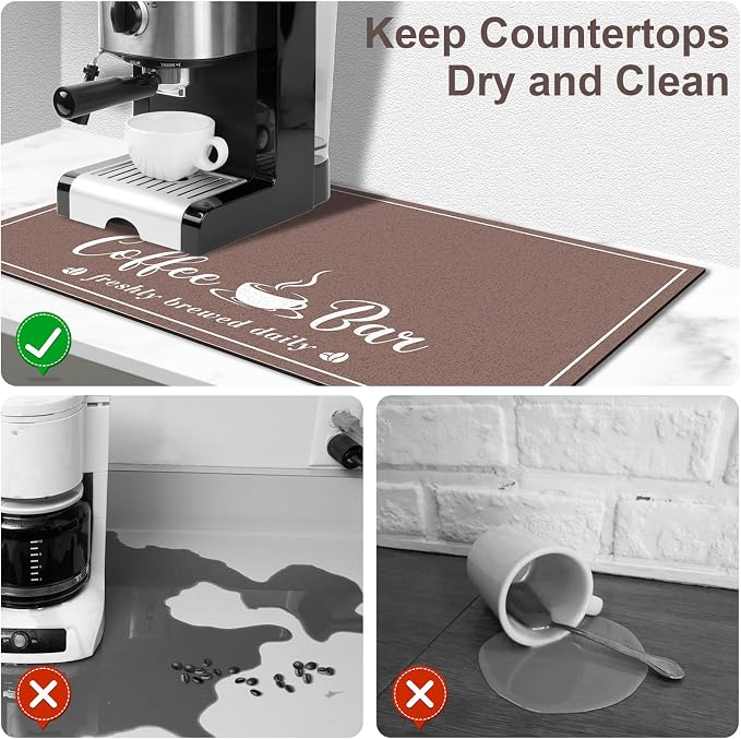 CooRug Absorbent Coffee Mat, Fashion Dish Drying Mat for Kitchen Counter Coffee Bar Accessories Espresso Machine Dish Rack 17" x 32" Brown