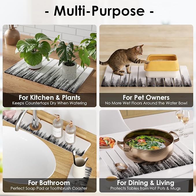 4-Piece Large Stone Dish Drying Mat for Kitchen Counter, 24"x16" Super Absorbent Diatomaceous Earth Drying Mat Set with Faucet Mat & Small Utility Mat, Rollable Quick Dry Pad for Dishes, Cups, Bottles