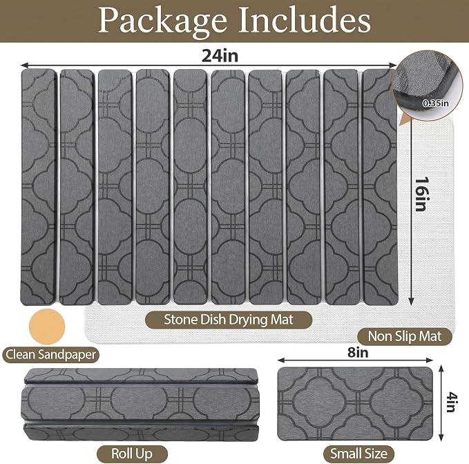 Large Stone Dish Drying Mat for Kitchen Counter, 2PCS Quick Dry Stone Dishes Mat, Foldable Water Absorbing Diatomaceous Drying Organizer Pad for Plates Rack Bottles Utensils(Clover, 24"×16" & 8"x4")
