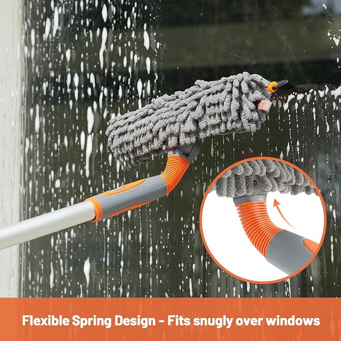 Eazer 2-in-1 Window Cleaner Tool, 64'' Window Squeegee for Home, Window Cleaning Squeegee Kit with Telescopic Pole, Window Washing Kit with Rotatable Bendable Head(Threaded + Telescopic) - EAW01