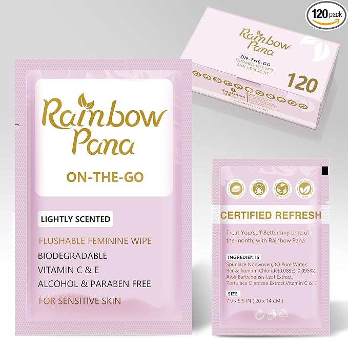 RainbowPana Feminine Wipes, 120 Count ON-THE-GO Individually Wrapped | Flushable Wipes, Travel Wipes for Women, Aloe, Portulaca, Vitamin E | pH Balanced