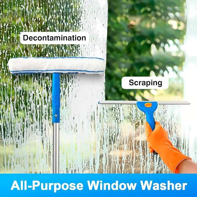 ARTIPOLY Squeegee for Window Cleaning, 14" Extra-Large Squeegee & Microfiber Scrubber Combi with 60" Stainless Steel Pole, Window Cleaning Kit for Shower Glass Mirror Door Car-2 Pads