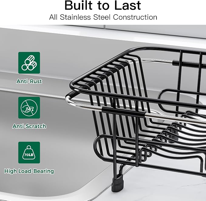 Apartment RV Small Dish Drainer Drying Rack Over The Sink In Stainless Steel for Narrow Kitchen, Counter Space Saving Compact Expandable Metal Plate Dryer Strainer, Black Adjustable Wire Drain Holder