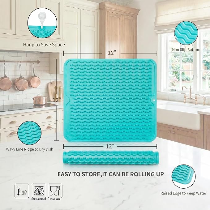 MicoYang Silicone Dish Drying Mat for Multiple Usage,Easy clean,Eco-friendly,Heat-resistant Silicone Mat for Kitchen Counter or Sink,Refrigerator or Drawer liner Mint M 12 inches x 12 inches