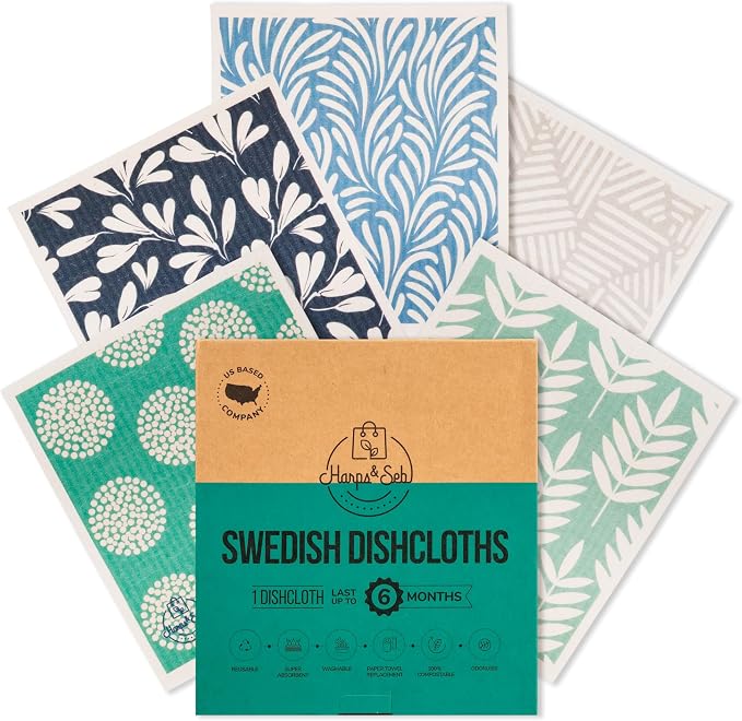 Harps&Seb Swedish Dishcloths for Kitchen Dish Towels - 5 Pack, Non-Scratch Reusable Paper Towels, Super Absorbent Washable Swedish Dish Cloths, No Odor, Biodegradable, Blue Design