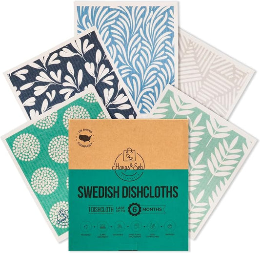 Harps&Seb Swedish Dishcloths for Kitchen Dish Towels - 5 Pack, Non-Scratch Reusable Paper Towels, Super Absorbent Washable Swedish Dish Cloths, No Odor, Biodegradable, Blue Design