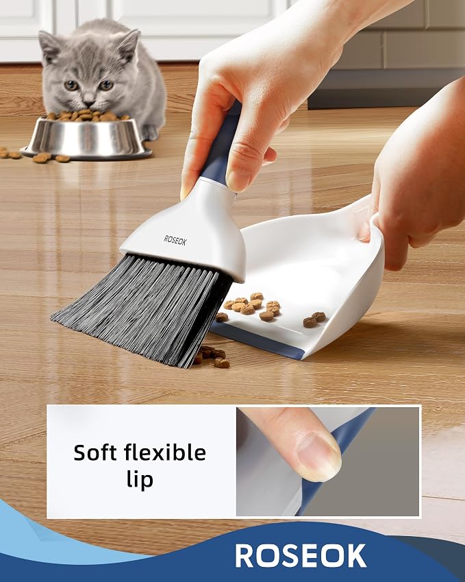 ROSEOK Mini Dustpan and Brush Set, Small Broom and Dust Pan, Navy Blue | Portable Cleaning Brush and Dustpan Combo for Kitchen Counter, Tables, Office, Car