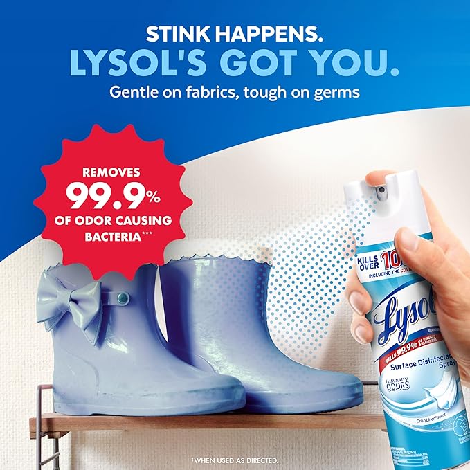 Lysol Disinfectant Spray, Household Essential Cleaning Supplies, Multi-Purpose Room Spray, Antibacterial Sanitizer Spray, Upholstery Deodorizer, Home and Bathroom, Crisp Linen,19 Fl Oz (Pack of 12)
