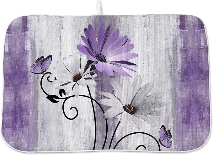 Floral Dish Drying Mat 18x24 Inches For Kitchen Counter Purple Daisy Flower Kitchen Decoration Drying Mat Modern Decorative Drying Pad For Home Kitchen Decor,Dining Room,Office Decor