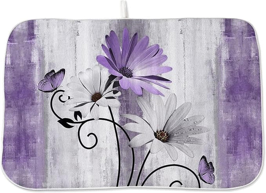 Floral Dish Drying Mat 18x24 Inches For Kitchen Counter Purple Daisy Flower Kitchen Decoration Drying Mat Modern Decorative Drying Pad For Home Kitchen Decor,Dining Room,Office Decor