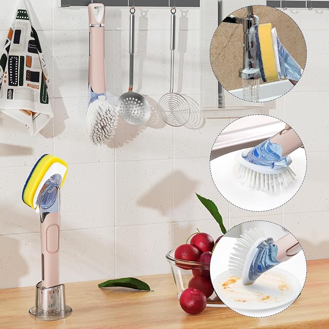 RIMAY Dish Brush Set with Soap Dispenser, 2 Refills and Storage Holder | Soap Dispensing Dish Brush dish scrubber with handle for Cleaning Dishes, Pans, Sink, Pots, Pink