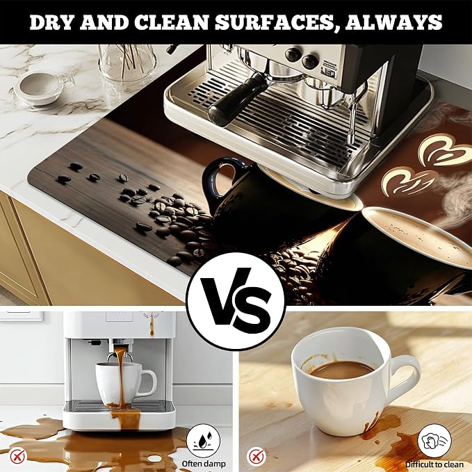Dish Drying Mat Large Coffee Mat Absorbent Drying Mat for Kitchen Counter Coffee Bar Accessories 32"x 17", Latte Cups 3